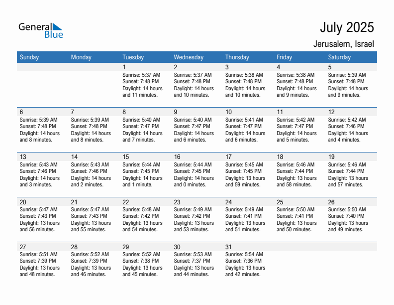 Jerusalem July 2025 sunrise and sunset calendar in PDF, Excel, and Word