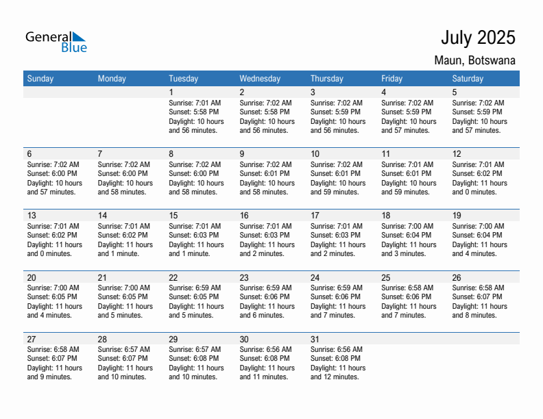 Maun July 2025 sunrise and sunset calendar in PDF, Excel, and Word