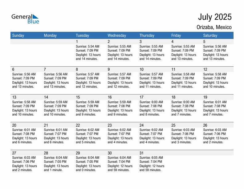 Orizaba July 2025 sunrise and sunset calendar in PDF, Excel, and Word