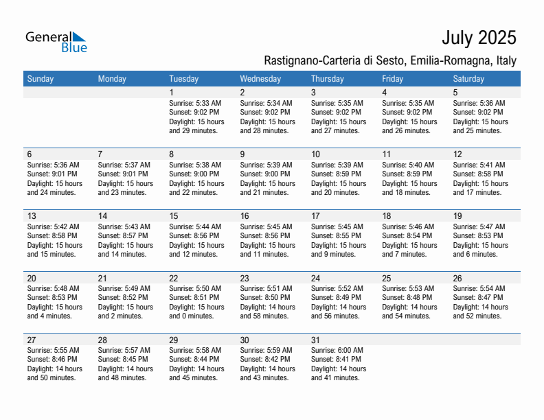 Rastignano-Carteria di Sesto July 2025 sunrise and sunset calendar in PDF, Excel, and Word