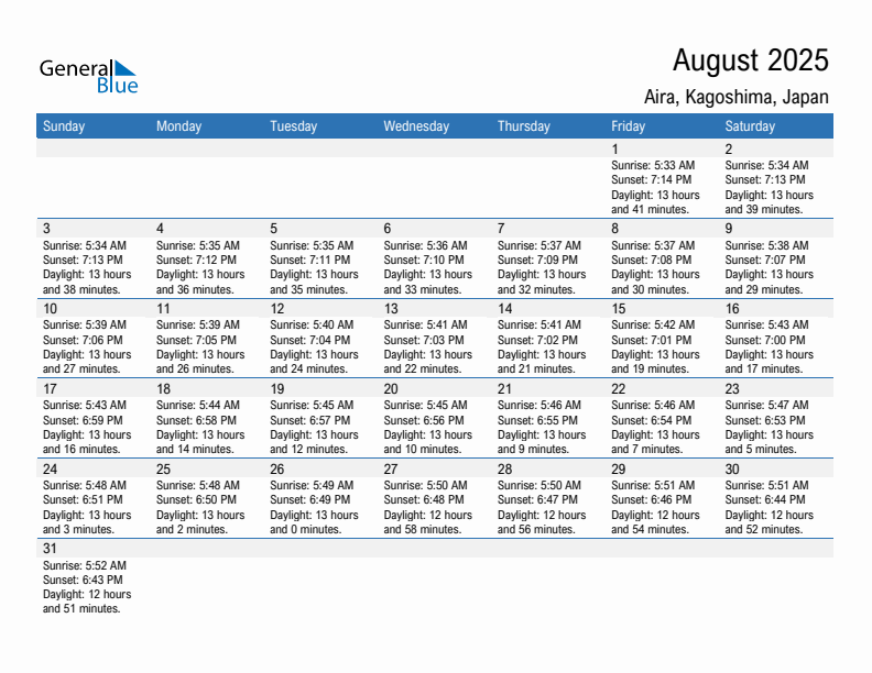 Aira August 2025 sunrise and sunset calendar in PDF, Excel, and Word