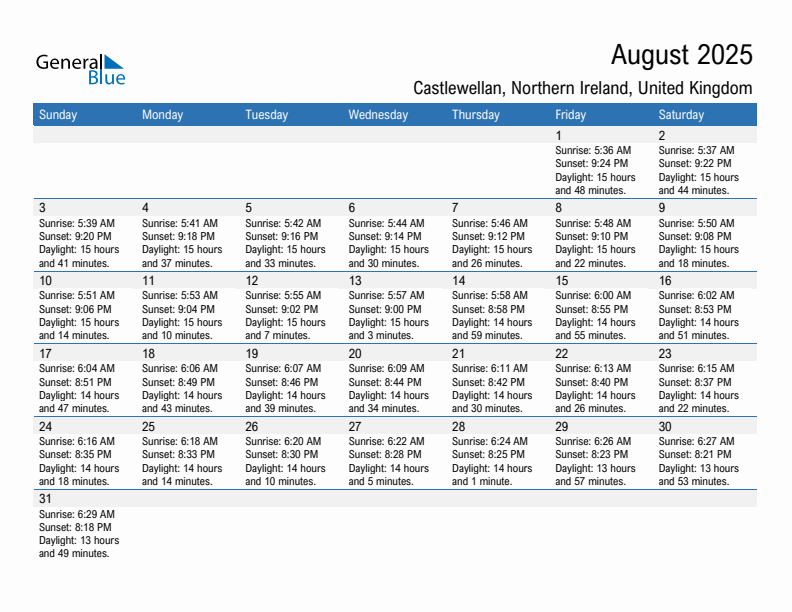 Castlewellan August 2025 sunrise and sunset calendar in PDF, Excel, and Word