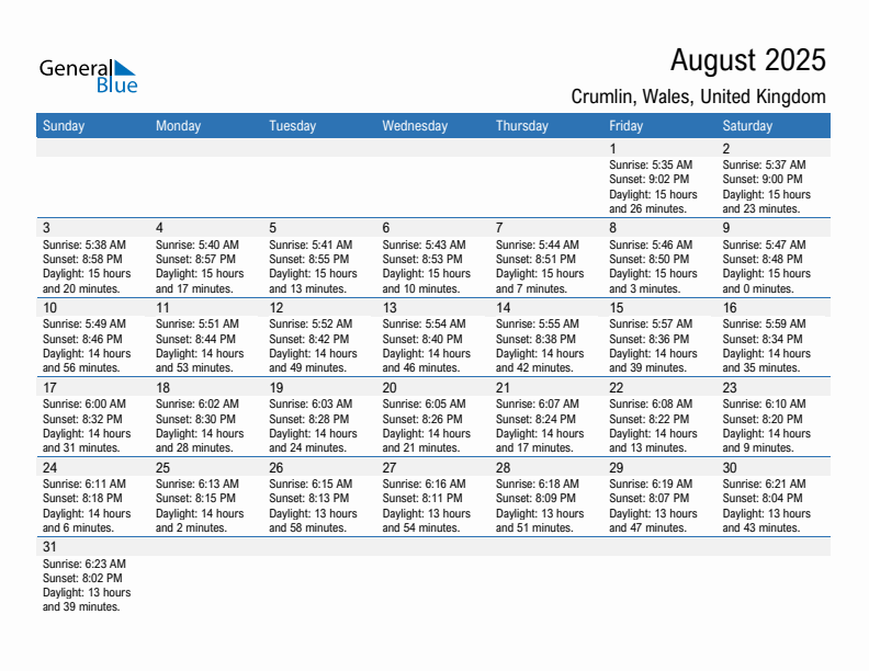 Crumlin August 2025 sunrise and sunset calendar in PDF, Excel, and Word