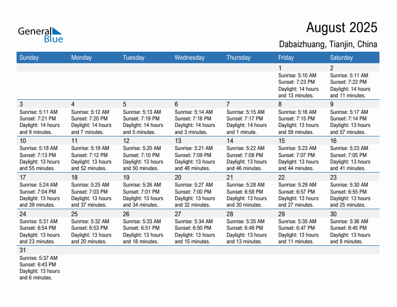 Dabaizhuang August 2025 sunrise and sunset calendar in PDF, Excel, and Word