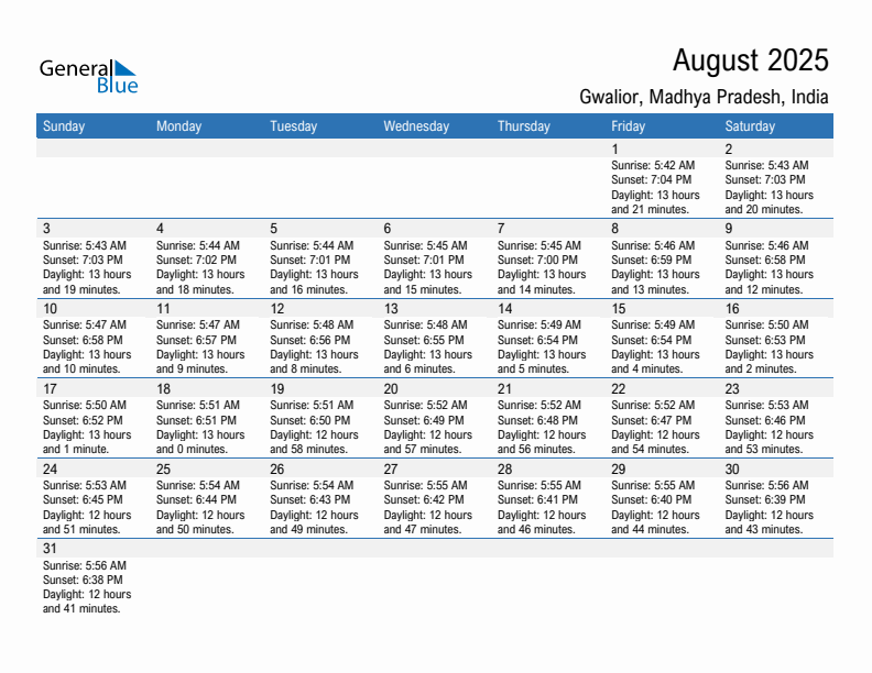 Gwalior August 2025 sunrise and sunset calendar in PDF, Excel, and Word