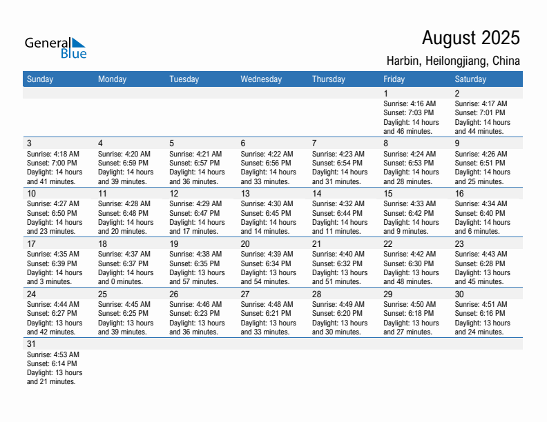 Harbin August 2025 sunrise and sunset calendar in PDF, Excel, and Word