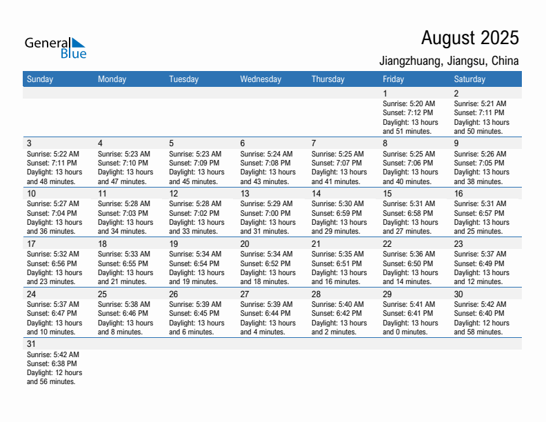 Jiangzhuang August 2025 sunrise and sunset calendar in PDF, Excel, and Word