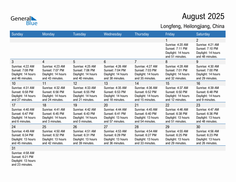 Longfeng August 2025 sunrise and sunset calendar in PDF, Excel, and Word