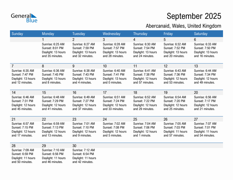 Abercanaid September 2025 sunrise and sunset calendar in PDF, Excel, and Word