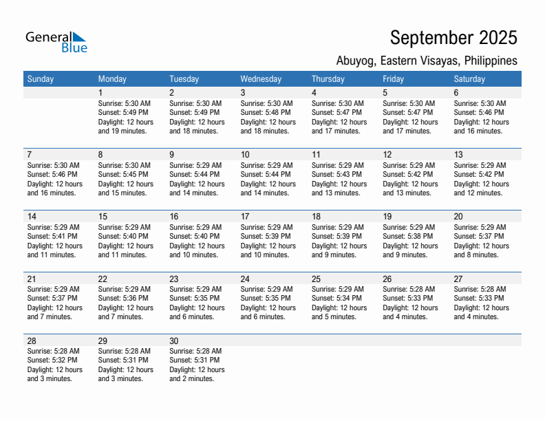 Abuyog September 2025 sunrise and sunset calendar in PDF, Excel, and Word