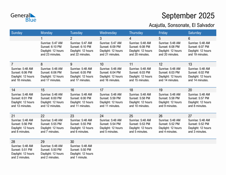 Acajutla September 2025 sunrise and sunset calendar in PDF, Excel, and Word