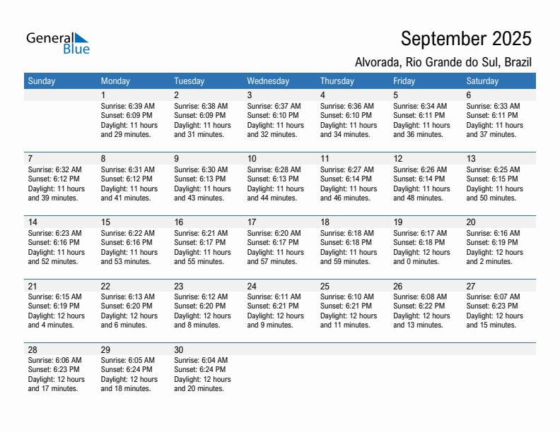 Alvorada September 2025 sunrise and sunset calendar in PDF, Excel, and Word