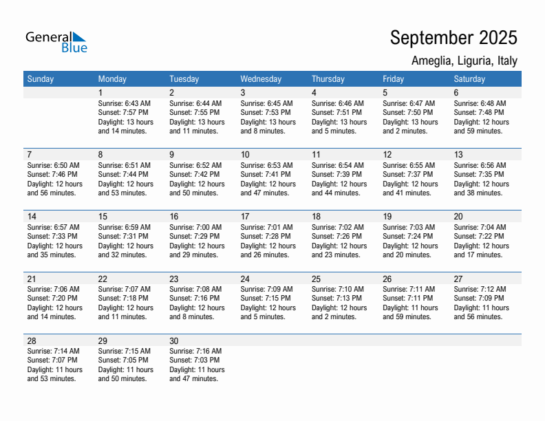 Ameglia September 2025 sunrise and sunset calendar in PDF, Excel, and Word