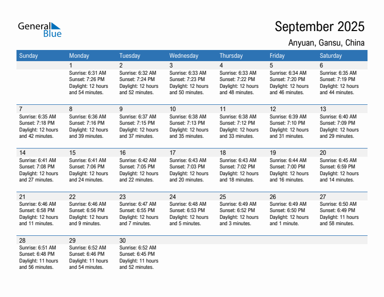 Anyuan September 2025 sunrise and sunset calendar in PDF, Excel, and Word