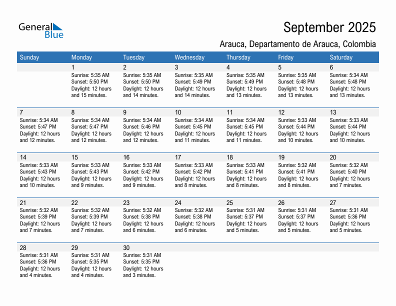 Arauca September 2025 sunrise and sunset calendar in PDF, Excel, and Word