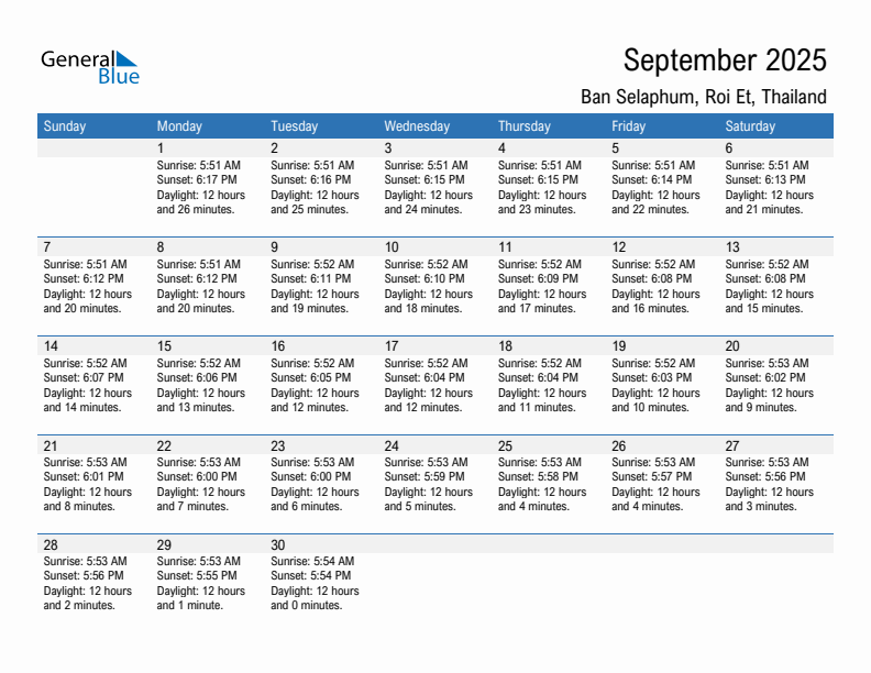 Ban Selaphum September 2025 sunrise and sunset calendar in PDF, Excel, and Word