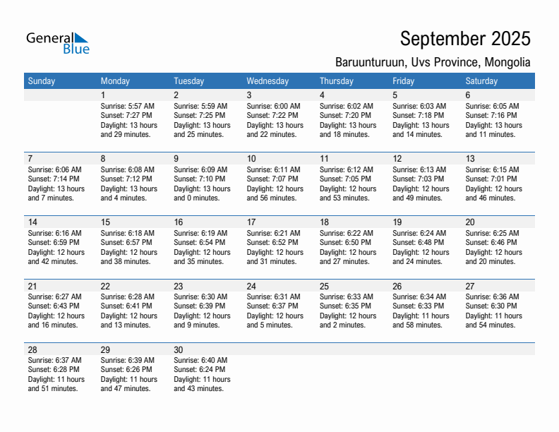 Baruunturuun September 2025 sunrise and sunset calendar in PDF, Excel, and Word