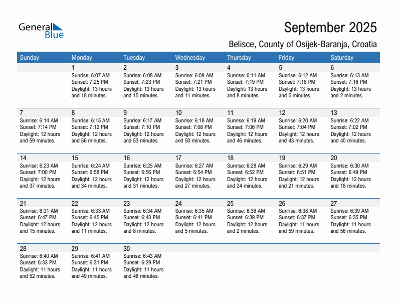 Belisce September 2025 sunrise and sunset calendar in PDF, Excel, and Word