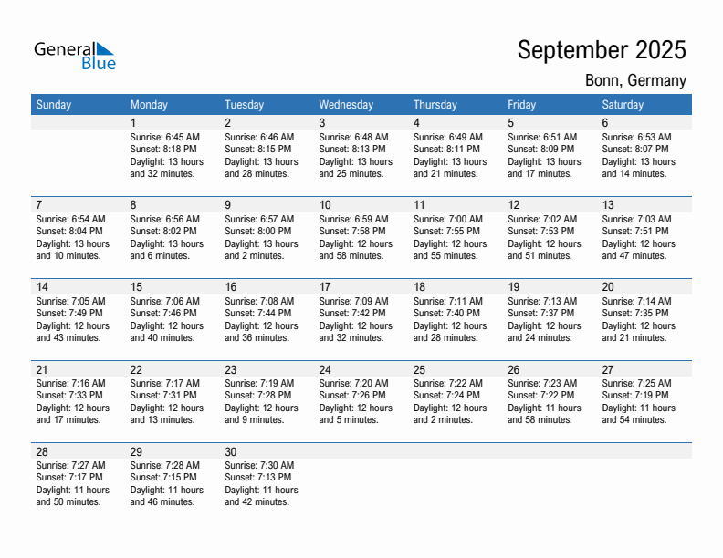 Bonn September 2025 sunrise and sunset calendar in PDF, Excel, and Word