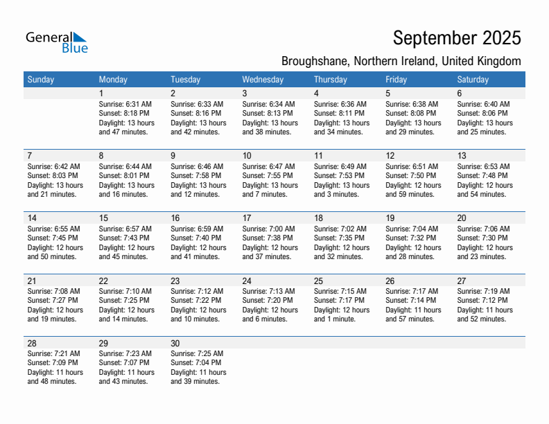 Broughshane September 2025 sunrise and sunset calendar in PDF, Excel, and Word