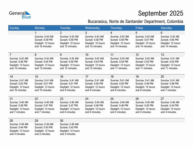 Bucarasica September 2025 sunrise and sunset calendar in PDF, Excel, and Word