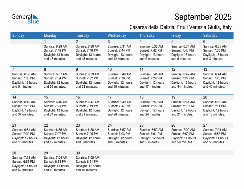 Casarsa della Delizia September 2025 sunrise and sunset calendar in PDF, Excel, and Word