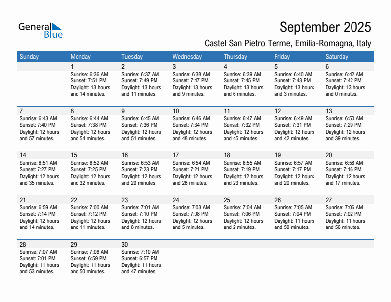 Castel San Pietro Terme September 2025 sunrise and sunset calendar in PDF, Excel, and Word