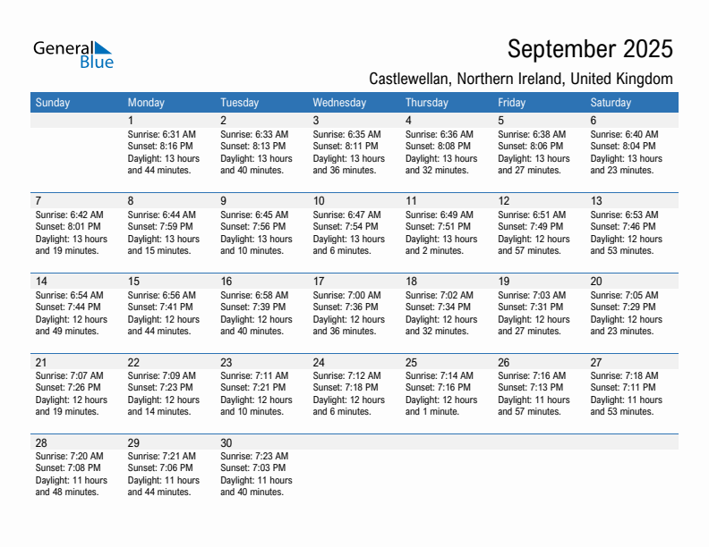 Castlewellan September 2025 sunrise and sunset calendar in PDF, Excel, and Word