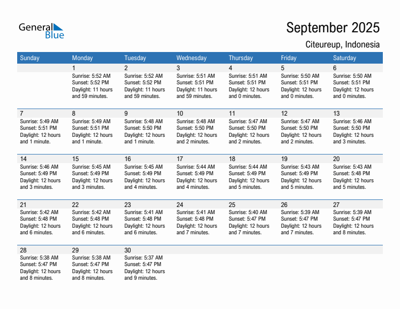 Citeureup September 2025 sunrise and sunset calendar in PDF, Excel, and Word