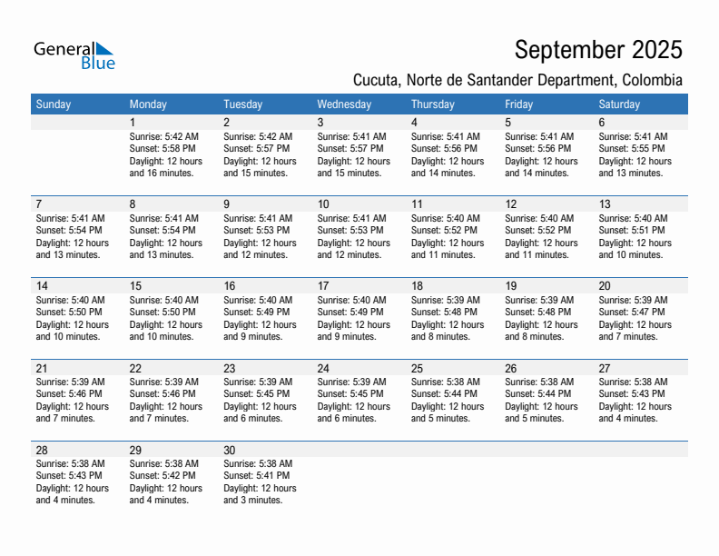 Cucuta September 2025 sunrise and sunset calendar in PDF, Excel, and Word