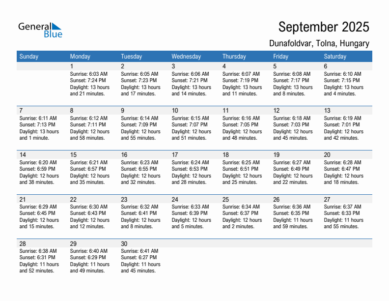 Dunafoldvar September 2025 sunrise and sunset calendar in PDF, Excel, and Word