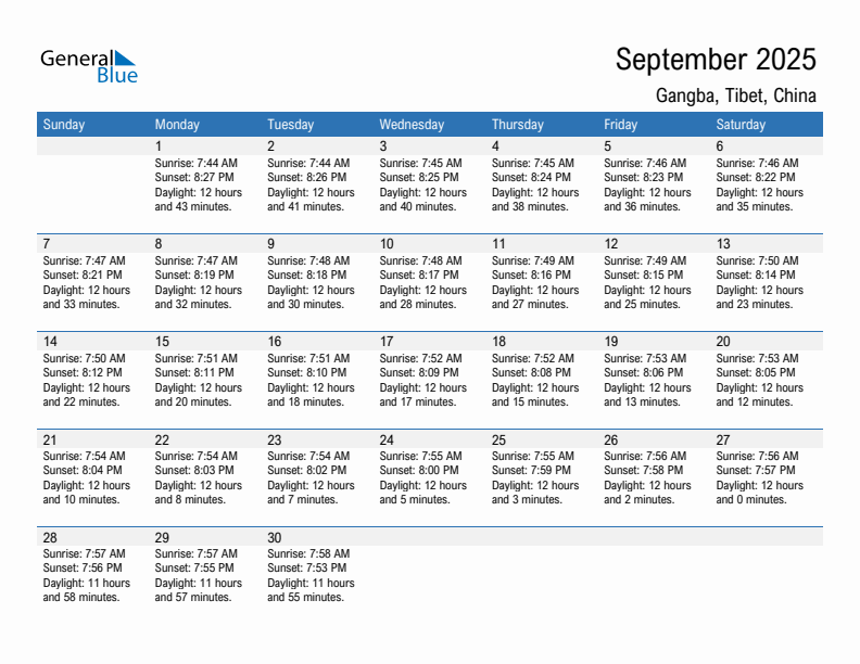 Gangba September 2025 sunrise and sunset calendar in PDF, Excel, and Word