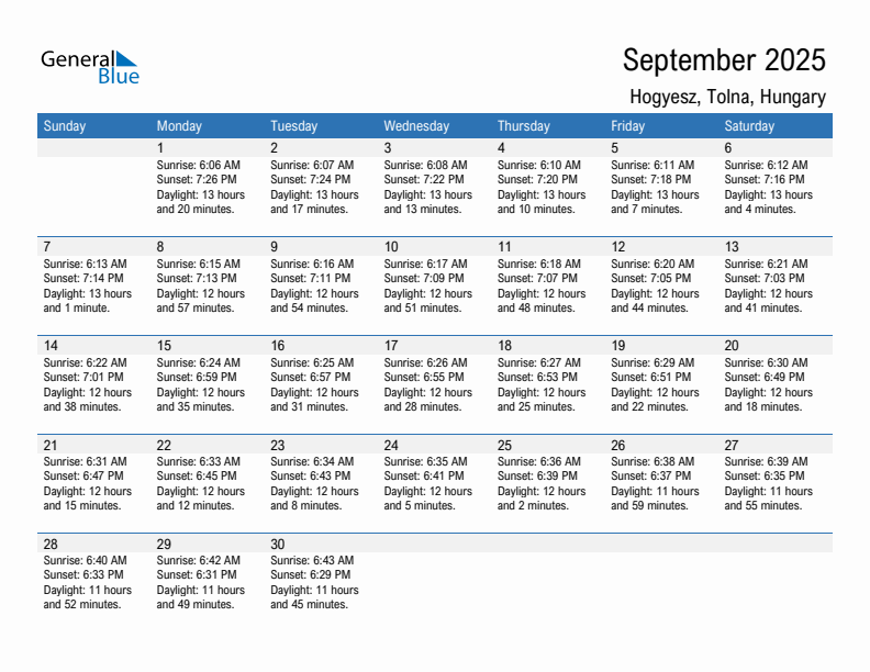 Hogyesz September 2025 sunrise and sunset calendar in PDF, Excel, and Word