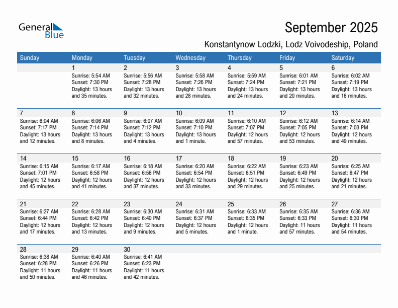 Konstantynow Lodzki September 2025 sunrise and sunset calendar in PDF, Excel, and Word