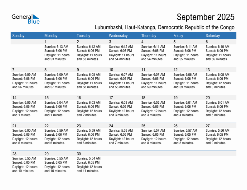 Lubumbashi September 2025 sunrise and sunset calendar in PDF, Excel, and Word