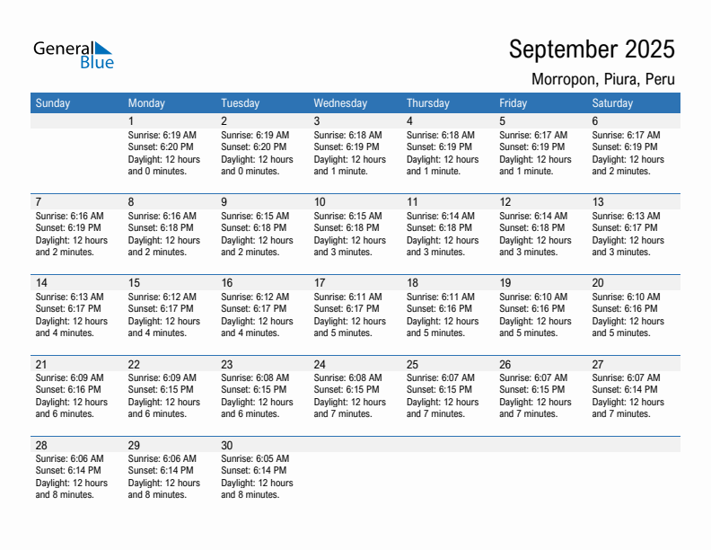 Morropon September 2025 sunrise and sunset calendar in PDF, Excel, and Word