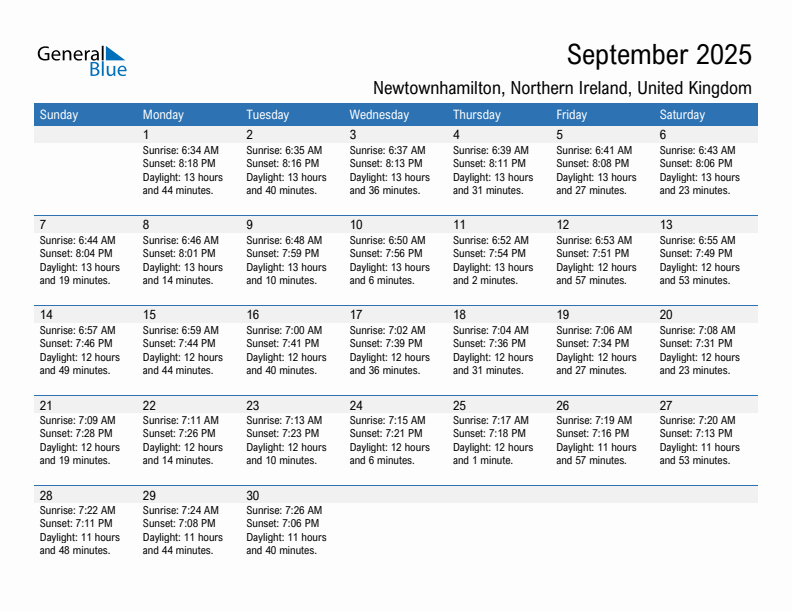 Newtownhamilton September 2025 sunrise and sunset calendar in PDF, Excel, and Word