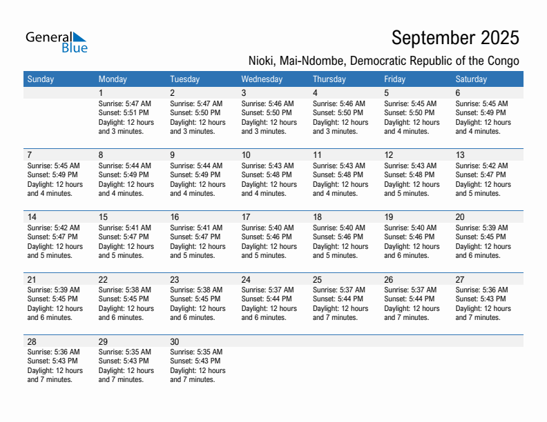 Nioki September 2025 sunrise and sunset calendar in PDF, Excel, and Word