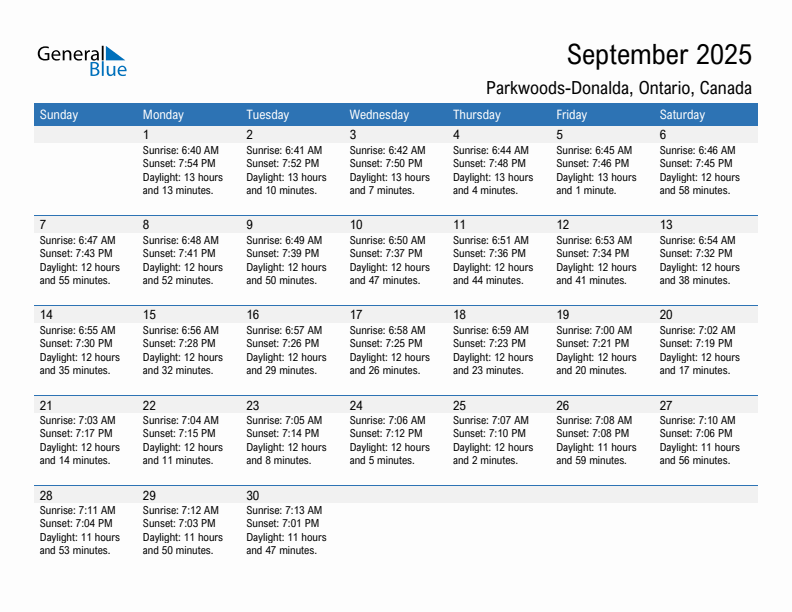 Parkwoods-Donalda September 2025 sunrise and sunset calendar in PDF, Excel, and Word