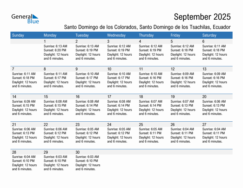 Santo Domingo de los Colorados September 2025 sunrise and sunset calendar in PDF, Excel, and Word