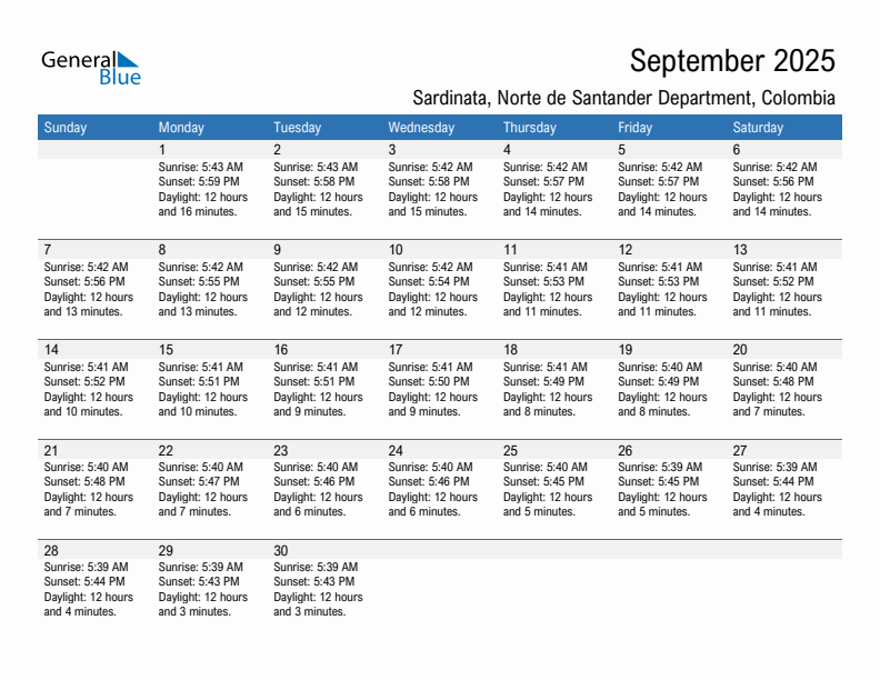 Sardinata September 2025 sunrise and sunset calendar in PDF, Excel, and Word