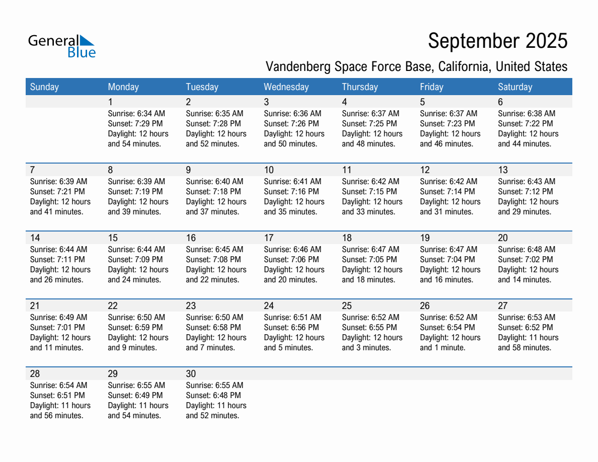 September Sunrise And Sunset Calendar For Vandenberg Space Force Base Pdf Excel Word