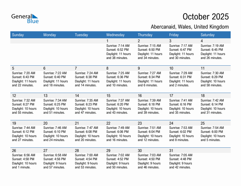 Abercanaid October 2025 sunrise and sunset calendar in PDF, Excel, and Word