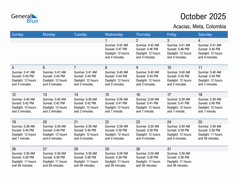 Acacias October 2025 sunrise and sunset calendar in PDF, Excel, and Word