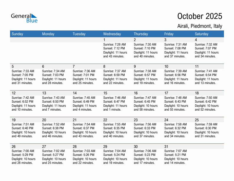 Airali October 2025 sunrise and sunset calendar in PDF, Excel, and Word