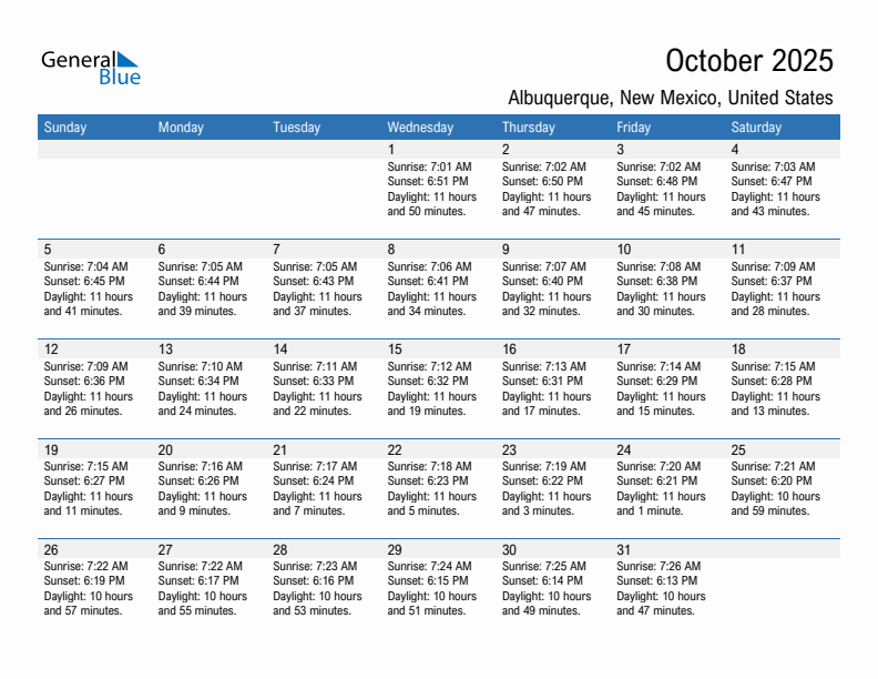 Albuquerque October 2025 sunrise and sunset calendar in PDF, Excel, and Word