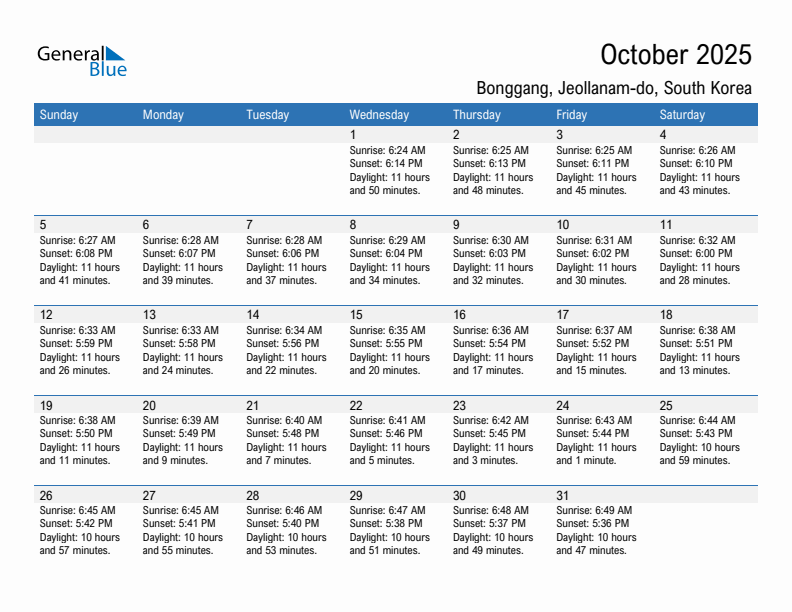 Bonggang October 2025 sunrise and sunset calendar in PDF, Excel, and Word