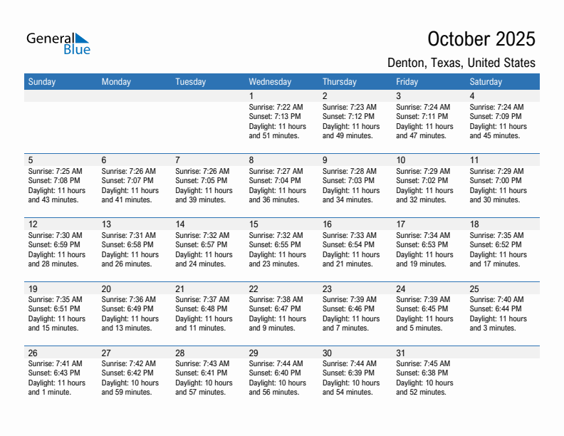 Denton October 2025 sunrise and sunset calendar in PDF, Excel, and Word