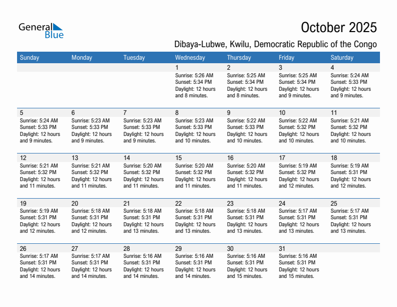 Dibaya-Lubwe October 2025 sunrise and sunset calendar in PDF, Excel, and Word