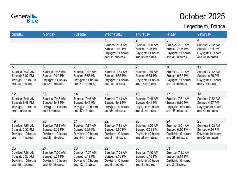 Hegenheim October 2025 sunrise and sunset calendar in PDF, Excel, and Word